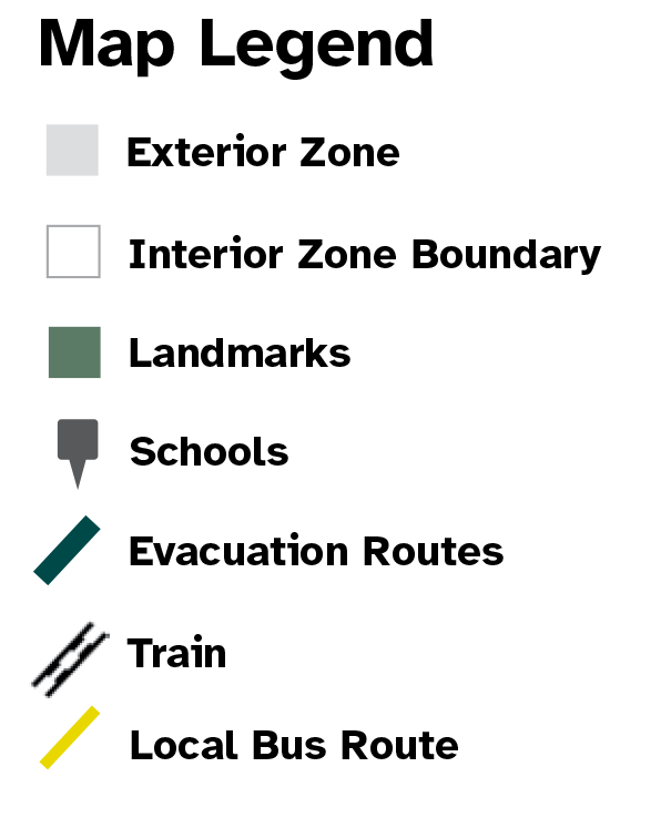 Map Legend for exterior zones, interior zone boundaries, landmarks, schools, evacuation routes, bus routes and light rail.