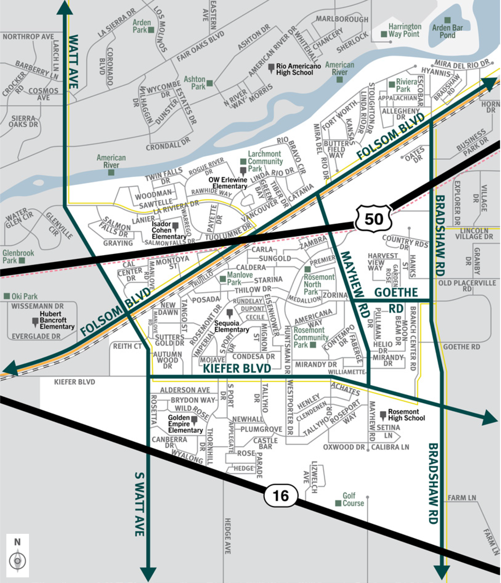This is a map of Sacramento County evacuation zone number 71, called Riviera and Rosemont.  It is in the central region of the county and is bordered by South Watt Avenue to the west, the American River to the north, Bradshaw Road to the east, and Highway 16 to the south.  Significant landmarks within this zone are Larchmont Community Park, Manlove Park, Riviera Park, Arden Bar Pond, Rosemont North Park, Rosemont Community Park, and the gold course.  There are train tracks and light rail in the northern area of this zone.  There are bus routes throughout this zone.  Major east and west evacuation routes are Folsom Boulevard, Highway 16, and Kiefer Boulevard.  North and south evacuation routes are Watt Avenue, South Watt Avenue, Mayhew Road, and Bradshaw Road.​