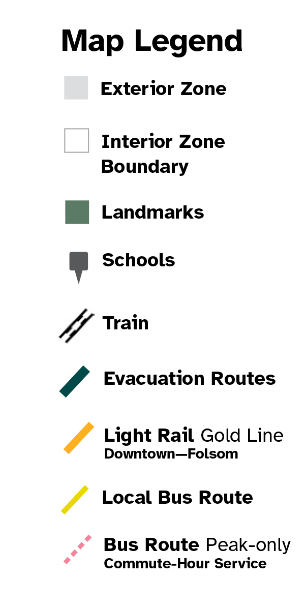 Map Legend for exterior zones, interior zone boundaries, landmarks, schools, evacuation routes, bus routes and light rail.