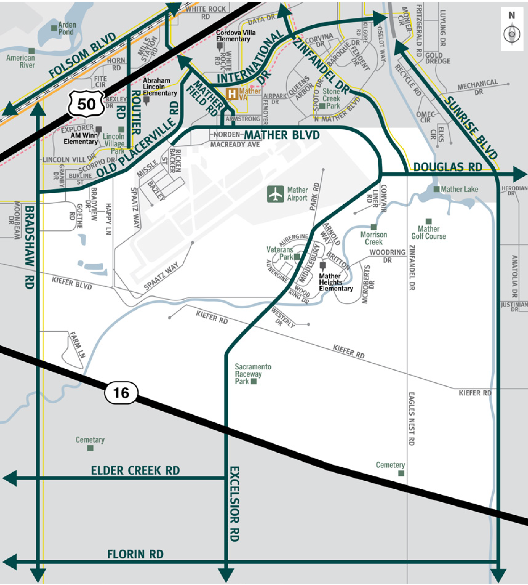 This is a map of Sacramento County evacuation zone number 72, called Mather Field.  It is in the central region of the county and is bordered by Bradshaw Road to the west, Mather Boulevard, Douglas Road, and Old Placerville Road to the north, Sunrise Boulevard to the east, and Highway 16 to the south.  Significant landmarks within this zone are Mather Airport, Morrison Creek, Mather Golf Course, and the Sacramento Raceway Park.  There are no train tracks in this zone.  There is a bus route along the western border and a route in the northeast area of this zone.  Major east and west evacuation routes are Mather Boulevard, Douglas Road, Old Placerville Road, and Highway 16.  North and south evacuation routes are Bradshaw Road, Excelsior Road, and Sunrise Boulevard.