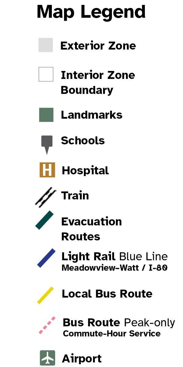 Map Legend for exterior zones, interior zone boundaries, landmarks, schools, evacuation routes, bus routes and light rail.