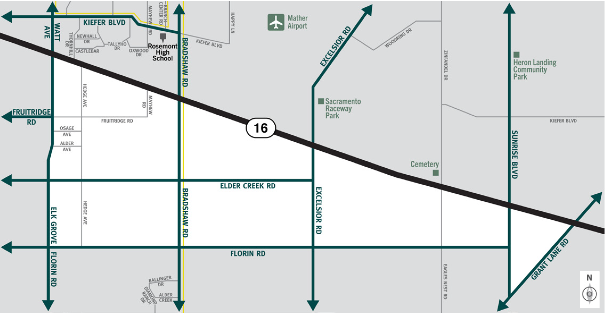 This is a map of Sacramento County evacuation zone number 73, called North Vineyard.  It is in the central region of the zone and is bordered by Elk Grove Florin Road to the west, Highway 16 to the north, Grant Line Road to the east, and Florin Road to the south.  This zone is south of the Sacramento Raceway Park and has no significant landmarks.  There are no train tracks in this zone.  There is a bus route in the center of this zone.  Major east and west evacuation routes are Highway 16, Elder Creek Road, and Florin Road.  North and south evacuation routes are Elk Grove Florin Road, Bradshaw Road, Excelsior Road, Sunrise Boulevard, and Grant Line Road.