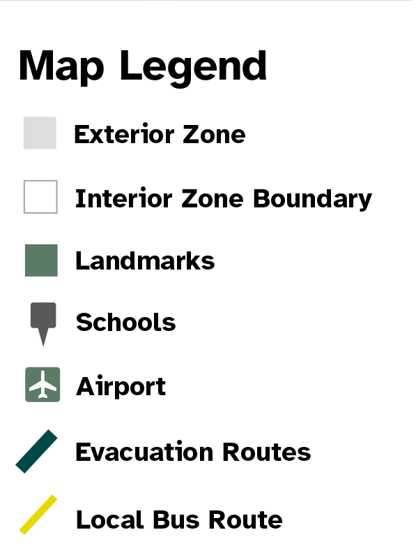Map Legend for exterior zones, interior zone boundaries, landmarks, schools, evacuation routes, bus routes and light rail.