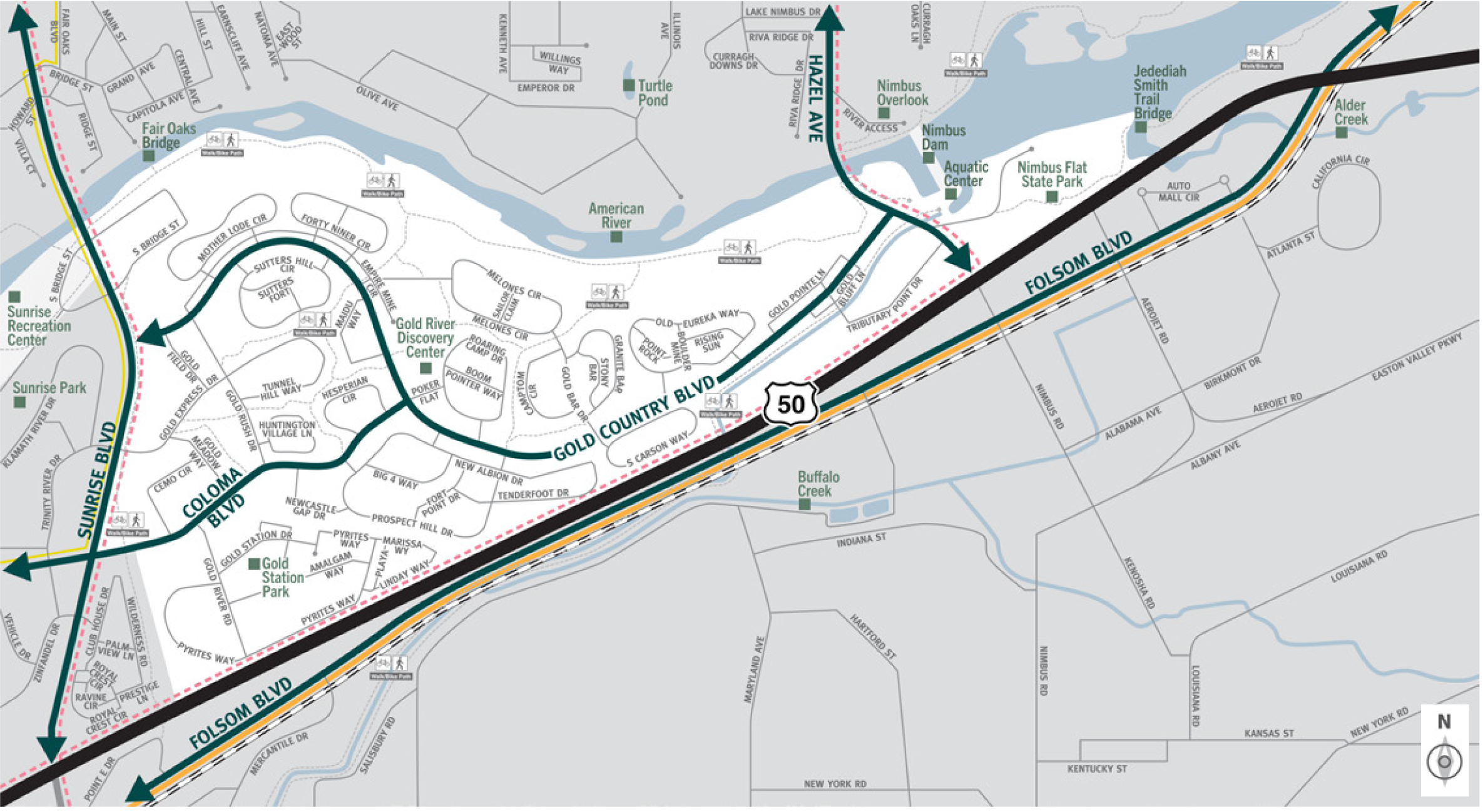 This is a map of Sacramento County evacuation zone number 74, called Gold River.  It is in the eastern central region and is bordered by Sunrise Boulevard to the west, the American River to the north, Hazel Avenue to the east, and Interstate 50 to the south.  Significant landmarks within this zone are Gold Station Park, Gold River Discovery Center, Nimbus Dam, the Aquatic Center, and Nimbus Flat State Park.  There are no train tracks in this zone.  There is a bus route along the western border and a peak-only bus route along the southern and western borders of this zone.  There is a light rail route along the southern border.  Major east and west evacuation routes are the Gold Line Light Rail, Gold Country Boulevard, and Coloma Boulevard.  North and south evacuation routes are Sunrise Boulevard and Hazel Avenue.
