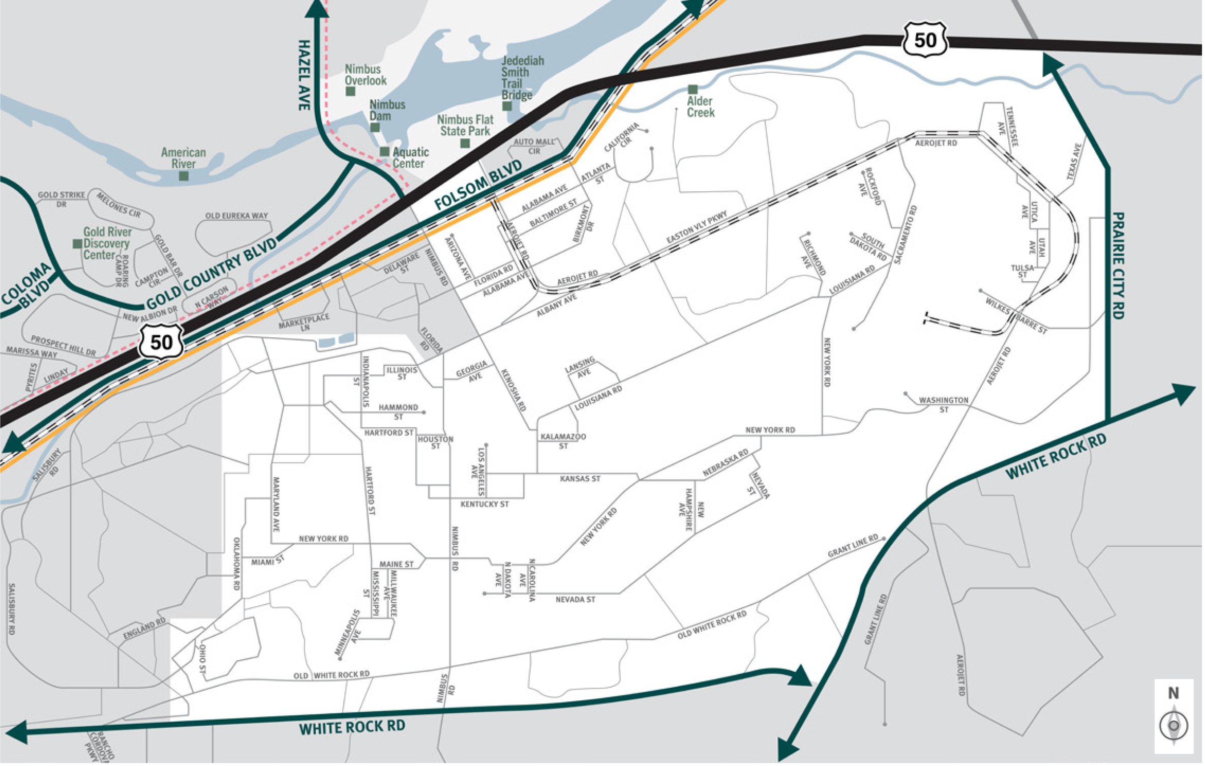 This is a map of Sacramento County evacuation zone number 75, called Aerojet.  It is in the eastern region of the county and is bordered by Oklahoma Road and Ohio Street to the west, Folsom Boulevard and Interstate 50 to the north, Prairie City Road to the east, and White Rock Road to the south.  Significant landmarks within this zone are Alder Creek, Nimbus Overlook, Nimbus Dam, the Aquatic Center, Nimbus Flat State Park, and the Jedediah Smith Trail Bridge.  There are train tracks and light rail in the northern area of this zone.  There is a peak-only bus route along the northern border of this zone.  Major east and west evacuation routes are Interstate 50 and White Rock Road.  North and south evacuation routes are Hazel Avenue and Prairie City Road.