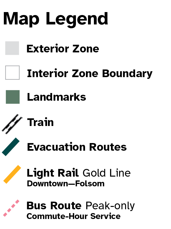 Map Legend for exterior zones, interior zone boundaries, landmarks, schools, evacuation routes, bus routes and light rail.