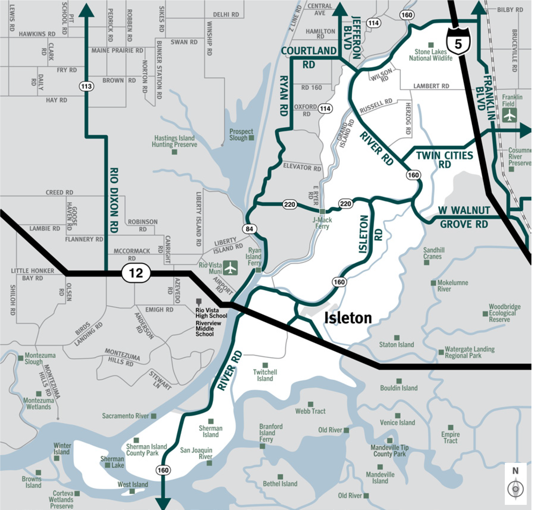 This is a map of Sacramento County evacuation zone number 81, called Delta.  It is in the southwest region of the county and is bordered by the Sacramento River to the west, River Road to the north, Interstate 5 and the San Joaquin River to the east, and the San Joaquin River to the south.  Significant landmarks within this zone are Stone Lakes National Wildlife, Twitchell Island, Sherman Island, Sherman Island County Park, West Island, and Sherman Lake.  There are no train tracks or bus routes in this zone.  Major east and west evacuation routes are Highway 12, Highway 220, River Road, and Twin Cities Road.  North and south evacuation routes are Interstate 5, Isleton Road, and Ryan Road.