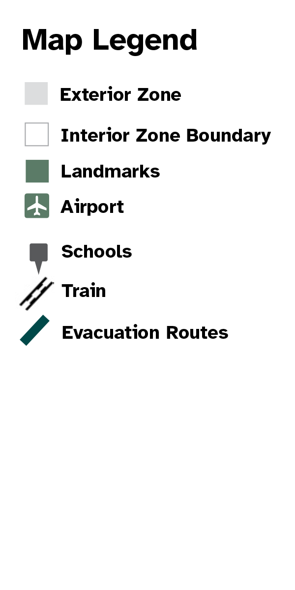 Map Legend for exterior zones, interior zone boundaries, landmarks, schools, evacuation routes, bus routes and light rail.