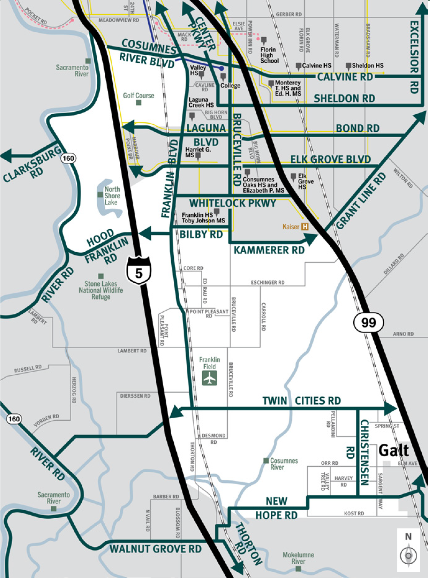 This is a map of Sacramento County evacuation zone number 82, called Freeport, Hood, and Franklin.  It is in the south-central region of the county and is bordered by River Road and Interstate 5 to the west, Consumnes River Boulevard to the north, Franklin Boulevard and Highway 99 to the east, and New Hope Road to the south.  Significant landmarks within this zone are the golf course, North Shore Lake, and Consumnes River.  There are bus and light rail routes in the northern part of this zone.  There are train tracks through the center and western portion of this zone.  Major east and west evacuation routes are Calvine Road, Hood Franklin Road, Twin Cities Road, Kammerer Road, Laguna Boulevard, and New Hope Road.  North and south evacuation routes are Interstate 5, Highway 99, and Franklin Boulevard.
