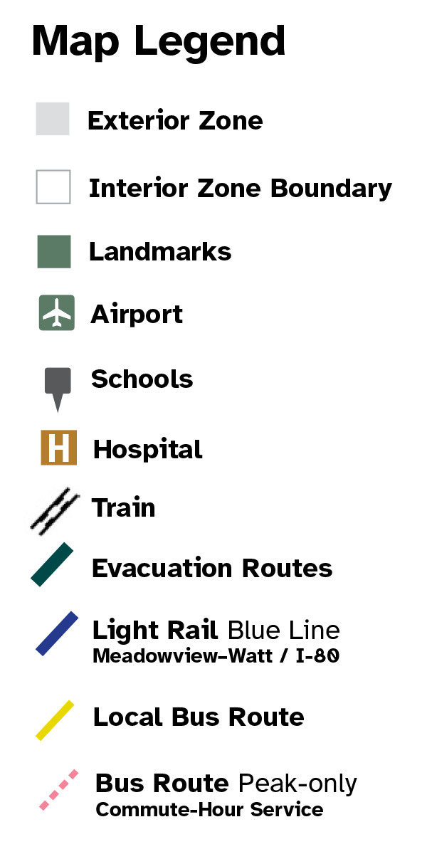 Map Legend for exterior zones, interior zone boundaries, landmarks, schools, evacuation routes, bus routes and light rail.