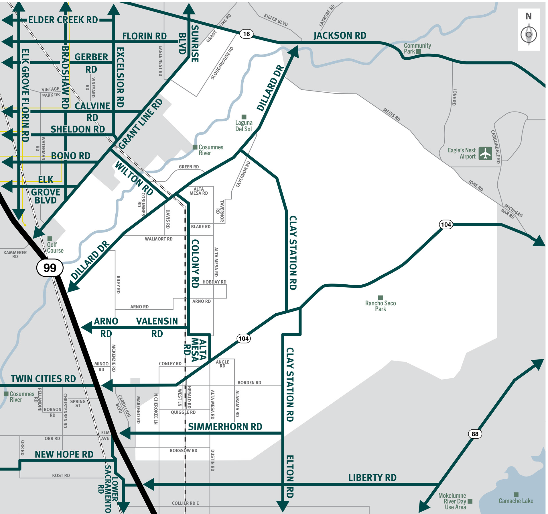 This is a map of Sacramento County evacuation zone number 83, called Wilton and Herald.  It is in the southeast region of the county and is bordered by Highway 99 and Grant Line Road to the west, Jackson Road and Meiss Road to the north, Ione Road to the east, and Simmerhorn Road to the south.  Significant landmarks within this zone are Rancho Seco Park, Consumnes River, and Laguna Del Sol.  There are no bus routes in this zone.  There are train tracks in the western area of this zone.  Major east and west evacuation routes are Jackson Road, Simmerhorn Road, Highway 104, and Valensin Road.  North and south evacuation routes are Highway 99, Dillard Drive, Clay Station Road, and Colony Road.