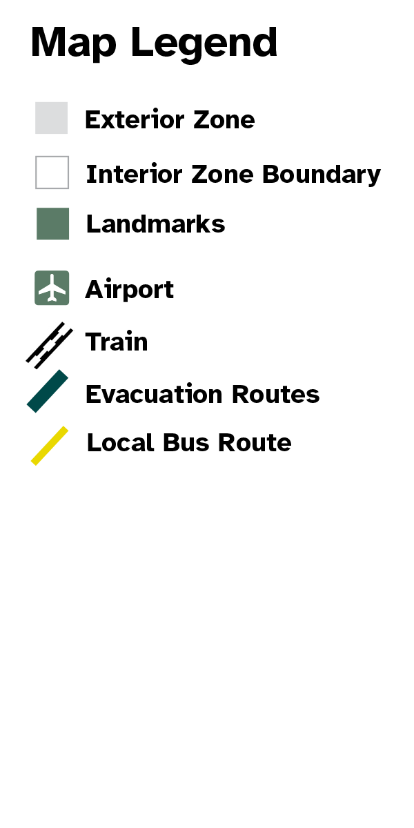 Map Legend for exterior zones, interior zone boundaries, landmarks, schools, evacuation routes, bus routes and light rail.