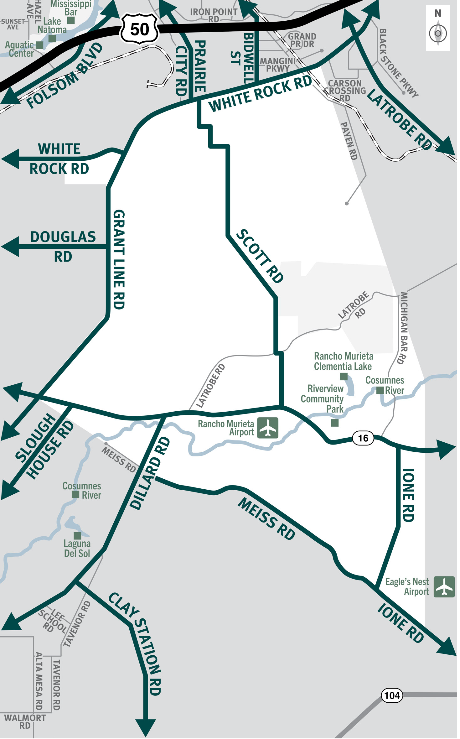 This is a map of Sacramento County evacuation zone number 84, called Slough House and Rancho Murieta.  It is in the eastern region of the county and is bordered by Grant Line Road to the west, White Rock Road to the north, Payen Road, Michigan Bar Drive, and Ione Road to the east, and Meiss Road to the south.  Significant landmarks within this zone are the Rancho Murieta Communities and Horse Stables, Riverview Community Park, Rancho Murieta Clementia Lake, and Consumnes River.  There are no bus routes in this zone.  There are train tracks in the most northeastern area of this zone.  Major east and west evacuation routes are White Rock Road, Highway 16, and Meiss Road.  North and south evacuation routes are Grant Line Road, Scott Road, and Ione Road.​