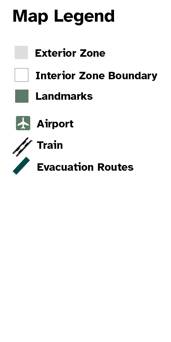 Map Legend for exterior zones, interior zone boundaries, landmarks, schools, evacuation routes, bus routes and light rail.