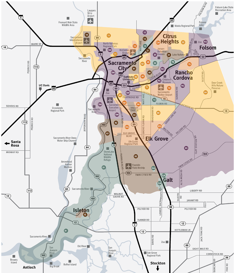 Sacramento County map broken down by evacuation route, listed out next to the map