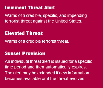 Imminent Threat Alert: Warns of a credible, specific, and impending terrorist threat against the United States.  Elevated Threat Warns of a credible terrorist threat. Sunset Provision: An individual threat alert is issued for a specific time period and then automatically expires. The alert may be extended if new information becomes available or if the threat evolves.